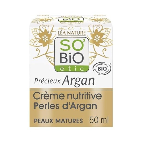 SOBIO - Crème Nutritive Perles DArgan pour Peaux Matures - Hydratation Intense et Rajeunissement Cutané - 50ml - LUnité