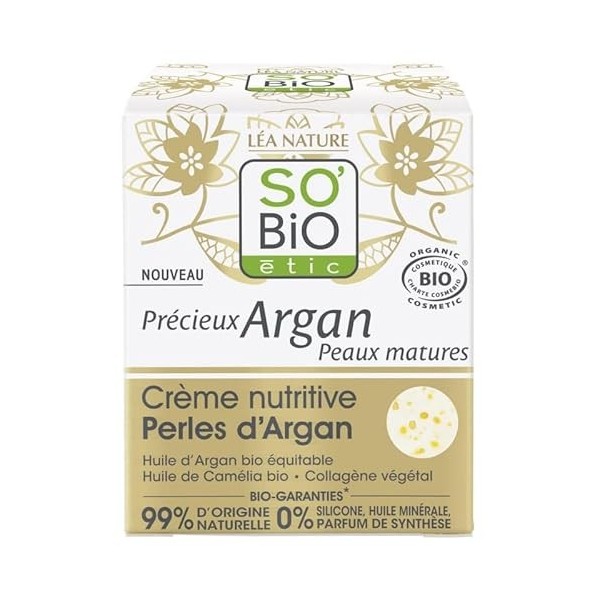 SOBIO - Crème Nutritive Perles DArgan pour Peaux Matures - Hydratation Intense et Rajeunissement Cutané - 50ml - LUnité