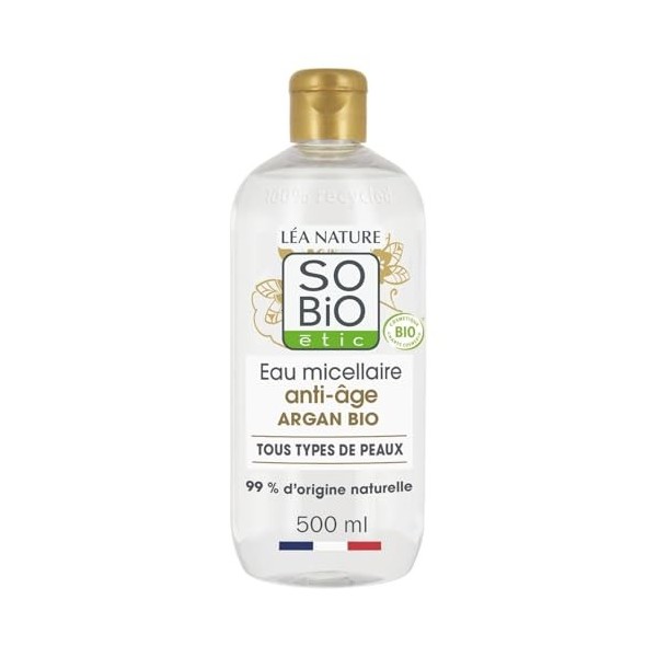 SOBIO ETIC – Eau Micellaire Réparatrice Anti-Âge, Hydratation à l’Argan Bio & Acide HyaLouronique 500 mL - Le lot de 3