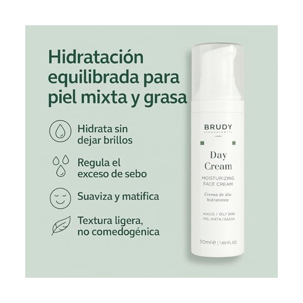 BRUDY COSMETICS - Crème de jour pour peaux mixtes - Hydratation légère à lacide hyaluronique, à la centella asiatica et à l C...