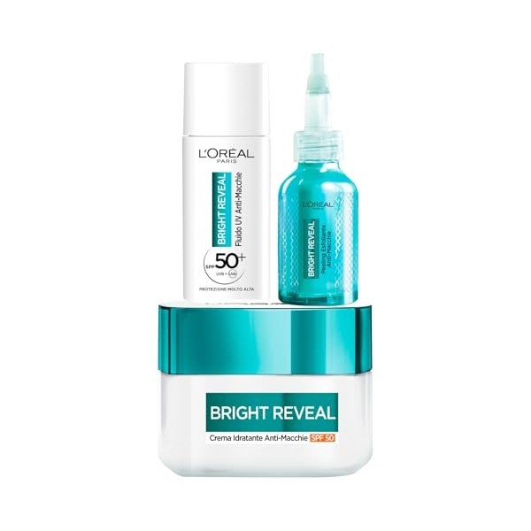 LOréal Paris Bright Reveal Kit Anti-Taches Crème Hydratante SPF50 50ml + UV Liquide SPF50 50ml + Exfoliant 25ml - Lot de 3
