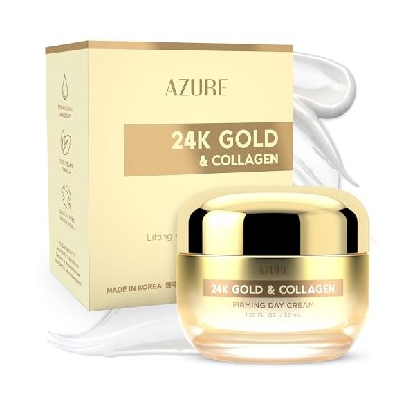 AZURE Crème de jour raffermissante à lor 24 carats et au collagène – Crème hydratante illuminante et liftante à lacide hyal