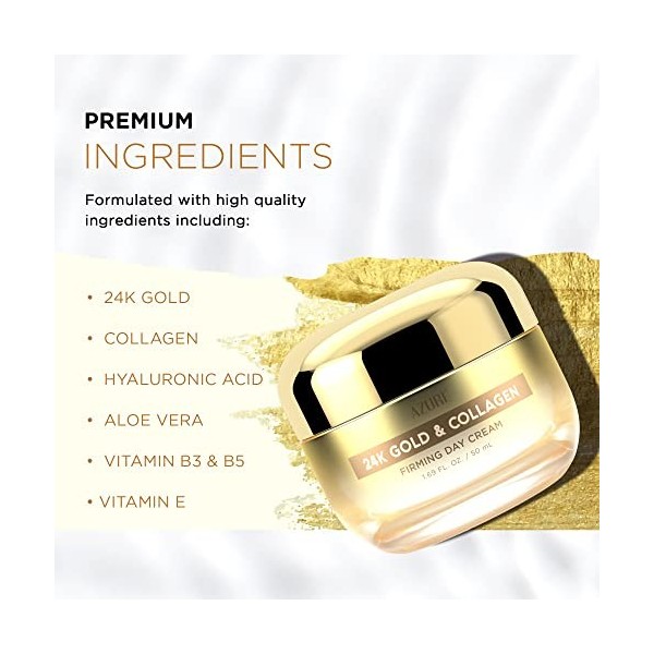 AZURE Crème de jour raffermissante à lor 24 carats et au collagène – Crème hydratante illuminante et liftante à lacide hyal