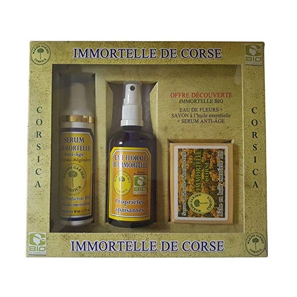 Coffret Sérum Anti-Âge Immortelle, Eau Florale dImmortelle BIO, Savon à lImmortelle Corse