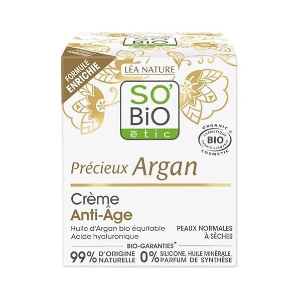 SO BIO - Crème Anti-Âge à lhuile dArgan Bio - Régénération cellulaire et hydratation intense - 50 ml - Lot De 2 - Vendu Par