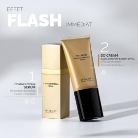 Atashi | Rituel Nouvelle Beauté | Sérum Anti-Âge L’Essenza Eterna + DD Crème Teinte Moyenne + Trousse en Cuir Verni Blanc Off