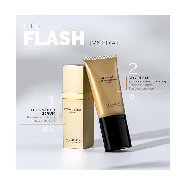 Atashi | Rituel Nouvelle Beauté | Sérum Anti-Âge L’Essenza Eterna + DD Crème Teinte Moyenne + Trousse en Cuir Verni Blanc Off