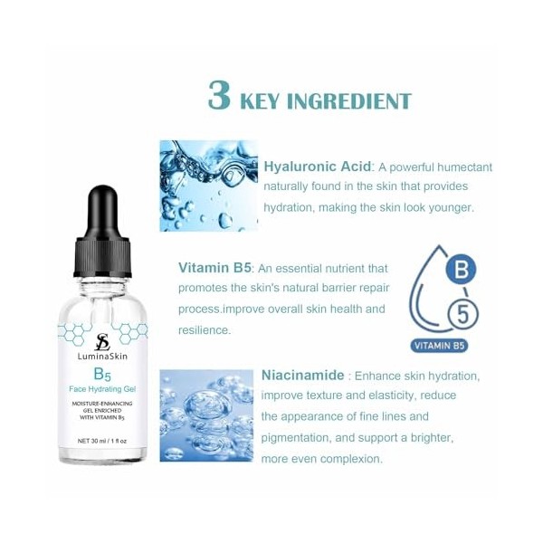 LuminaSkin Hyalu B5 Gel hydratant pour la peau, Hyalu B5 Sérum à lacide hyaluronique pur pour le visage, avec vitamine B5, s