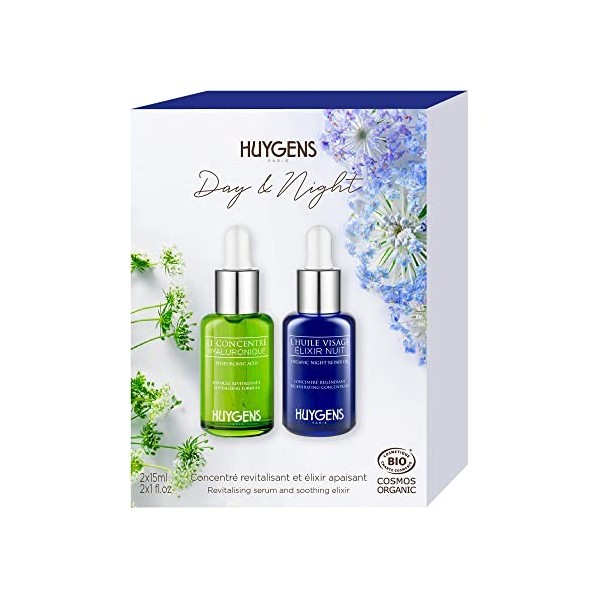 HUYGENS - Le Duo Jour & Nuit - 2 Sérums 15ml Certifiés BIO - Concentré Revitalisant Jour et Elixir Régénérant Nuit - 100% nat