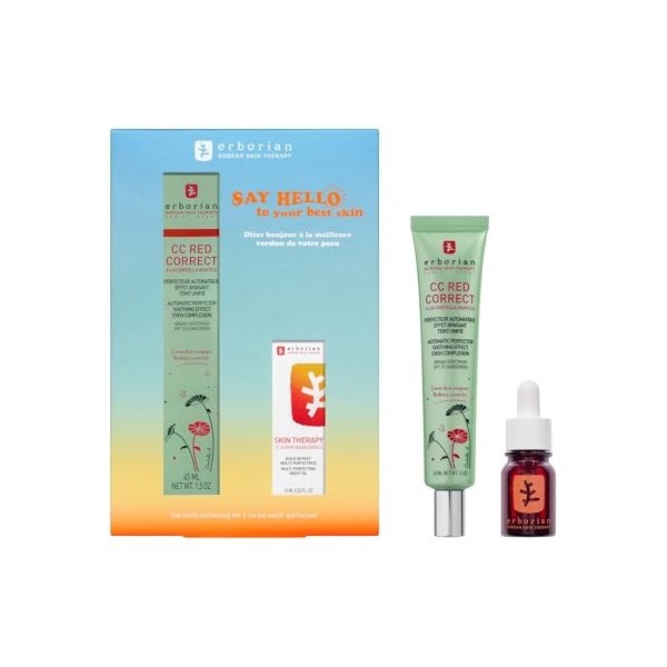 ERBORIAN | Coffret Duo Multi-Perfecteur Anti-Rougeurs | CC RED CORRECT 45ml & Skin Therapy Huile-Sérum Nuit 10ml | Soin Visag