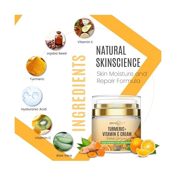 DERMAXGEN Curcuma + 30 % de vitamine C Glow Crème hydratante et réparatrice de la peau, hydratante avec ingrédients biologiqu