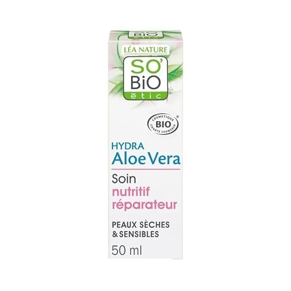 SO BIO - Soin Nutritif à lAloe Vera Bio pour Peaux Sensibles - Hydrate et Apaise la Peau du Visage - 50Ml - Lot De 2 - Vendu