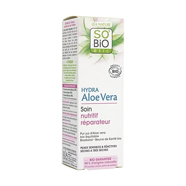 SO BIO - Soin Nutritif à lAloe Vera Bio pour Peaux Sensibles - Hydrate et Apaise la Peau du Visage - 50Ml - Lot De 2 - Vendu