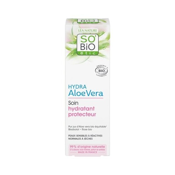 SO BIO ETIC - Crème Visage Hydratante Dermo-Défense 5 en 1 à lAloe Vera Bio, Tube 50 mL - Lot de 2