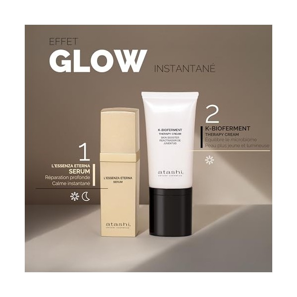 Atashi | Rituel Peau Radieuse | Sérum Anti-âge L’Essenza Eterna + K-Bioferment Therapy Cream + Trousse en Cuir Verni Offerte