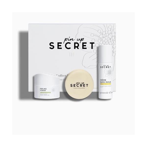 PIN UP SECRET - Coffret Visage Essentiels - Savon Secret Teint Précieux, Peeling et Crème Sans Huile - 3 produits - Peaux Mix...