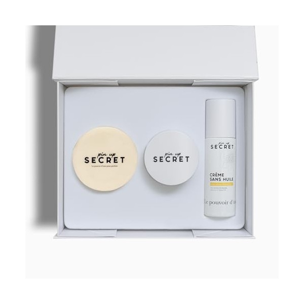 PIN UP SECRET - Coffret Visage Essentiels - Savon Secret Teint Précieux, Peeling et Crème Sans Huile - 3 produits - Peaux Mix...