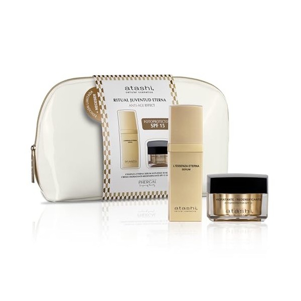 Atashi | Rituel Jeunesse Éternelle | Sérum Anti-Âge L’Essenza Eterna + Crème Hydratante Redensifiante SPF 15 + Trousse en Ver