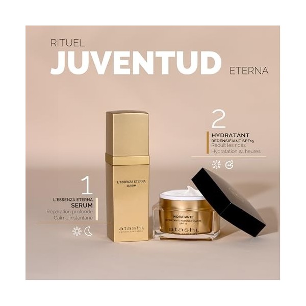 Atashi | Rituel Jeunesse Éternelle | Sérum Anti-Âge L’Essenza Eterna + Crème Hydratante Redensifiante SPF 15 + Trousse en Ver