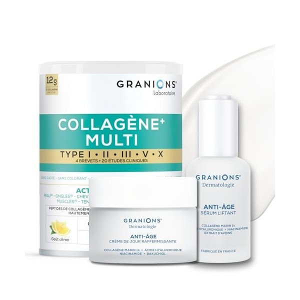 Day Routine - GRANIONS - CREME DE JOUR 50 mL + SERUM 30 mL + MULTI COLLAGENE POUDRE 260G CITRON - Collagène Marin et Acide Hy