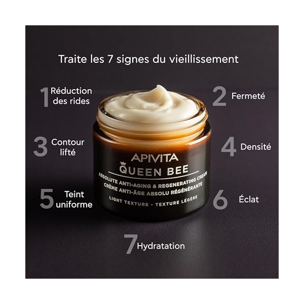 Apivita Queen Bee Crème régénérante anti-âge 50 ml Texture légère Crème hydratante pour le visage avec gelée, propolis et mie...