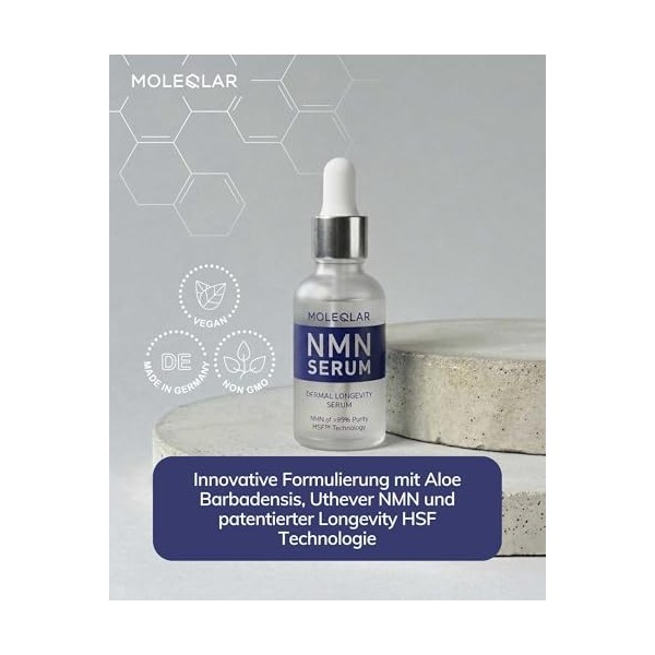 Sérum visage MoleQlar NMN 30 ml - Longévité pour votre peau - avec la technologie brevetée HSF et du NMN dUthever hautement ...
