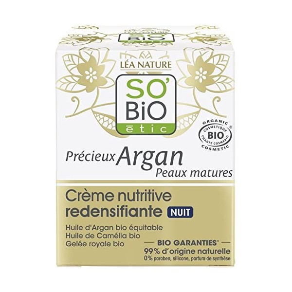 SOBIO - Crème Nutritive Redensifiante à lHuile Précieuse dArgan pour Peaux Matures - 50ml, Nourrit en Profondeur et Redens