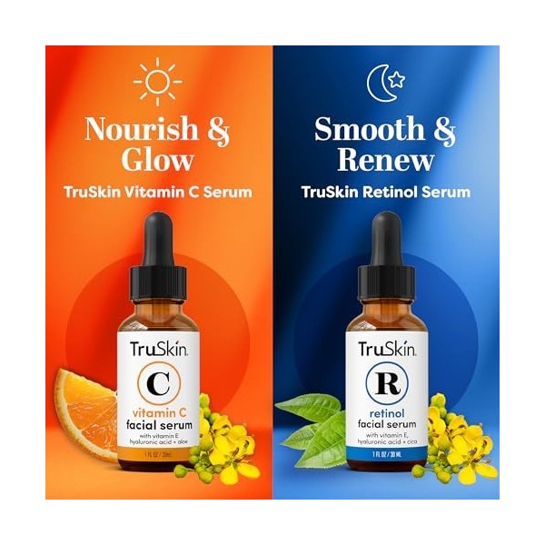 TruSkin Duo anti-âge jour-nuit, sérum au rétinol et sérum à la vitamine C pour le visage avec acide hyaluronique, ensemble de