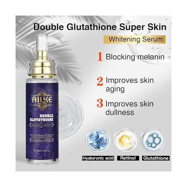 AILKE Double Glutathion Super Sérum blanchissant pour la peau, sérum correcteur des taches sombres, hydratant, éclaircissant,...