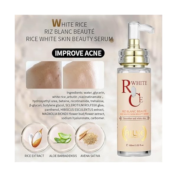 AILKE Sérum blanchissant à lextrait de riz naturel, peau propre, lisse, avec niacinamide, améliore la peau terne, nourrissan ...