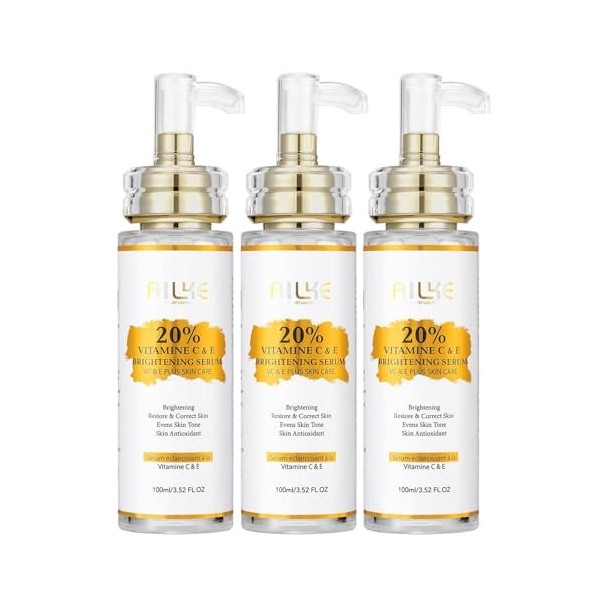 AILKE Lot de 3 sérums concentrés super éclaircissants à la vitamine C et E, blanchissant, hydratant, nettoie la peau, réduit ...