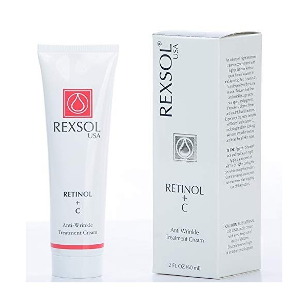 REXSOL Rétinol + C Crème anti-rides Traitement | Contient vitamine A pure + C, Réduire au minimum laspect visible des lignes