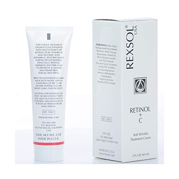 REXSOL Rétinol + C Crème anti-rides Traitement | Contient vitamine A pure + C, Réduire au minimum laspect visible des lignes