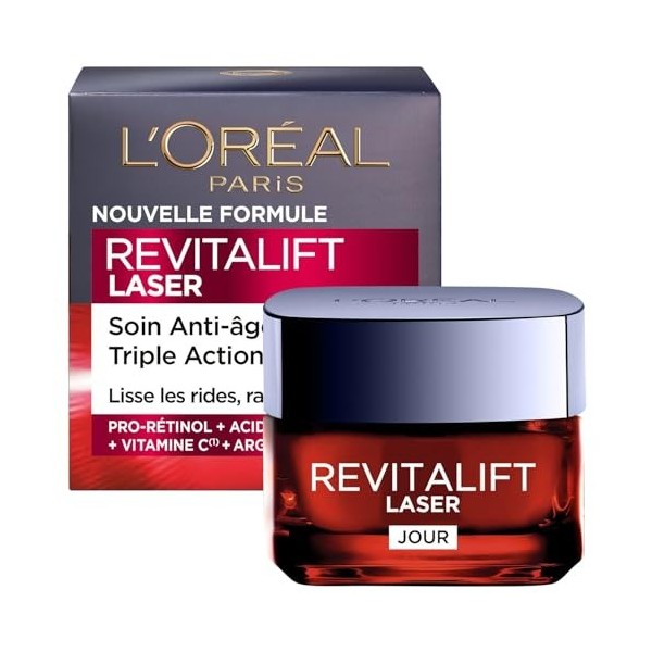 LOREAL PARIS – Soin Jour Anti-Rides Revitalift Laser, Texture Légère et Revitalisante 50ml - Le Lot De 2