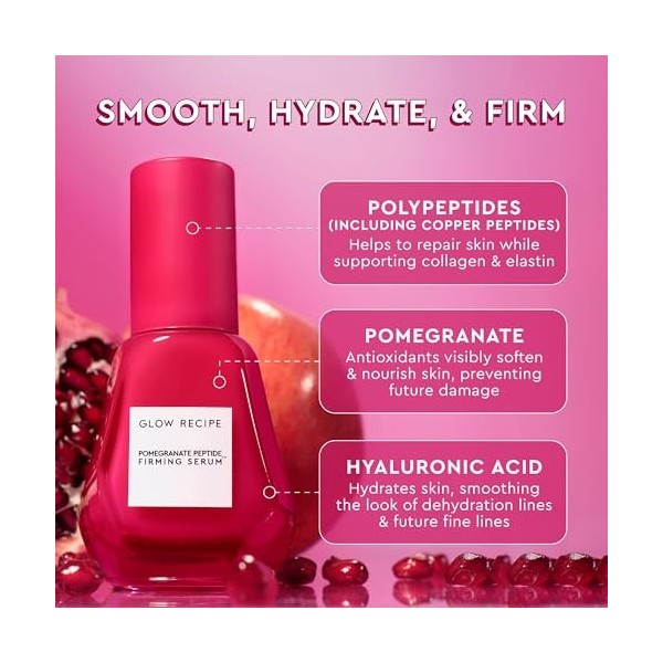 Glow Recipe Sérum visage aux peptides de cuivre à la grenade – Sérum peptidique raffermissant pour le visage pour homme et fe