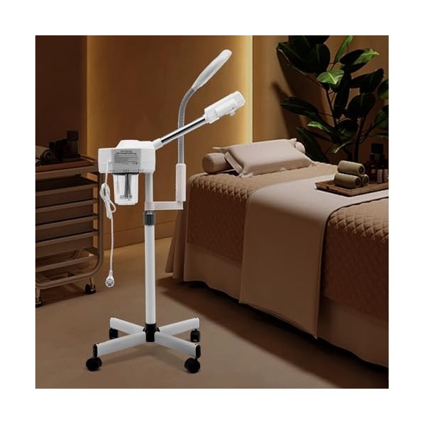 Vapeur facial 2 en 1 - Machine professionnelle avec grossissement 5X - 680 ml - Luminosité et hauteur réglables - Pour salon 