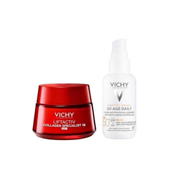 Vichy Collagen Specialist Crème de 16 jours et SPF 50+ anti-âge – Cible les rides et les taches sombres – Avec vitamine C et 