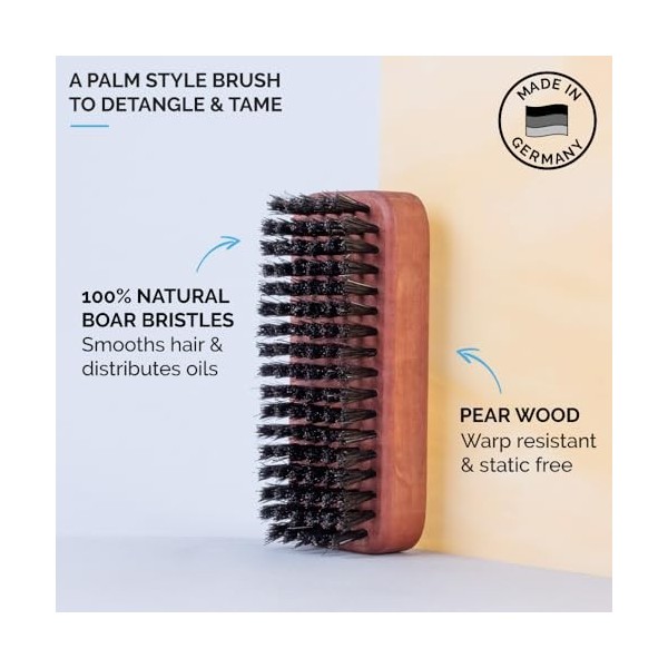 ZEUS Brosse à barbe 100% poils de sanglier pour homme - Poils doux, Brosse à paume pour barbes plus douces, plus saines et pl...