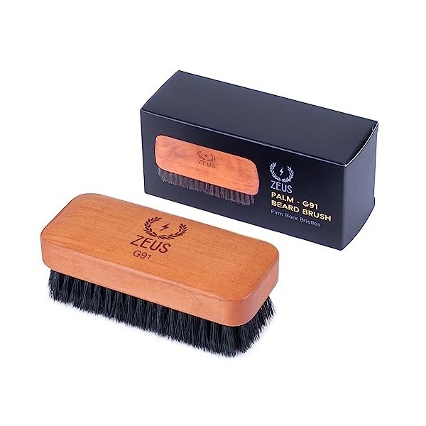ZEUS Brosse à barbe 100% poils de sanglier pour homme - Poils doux, Brosse à paume pour barbes plus douces, plus saines et pl...