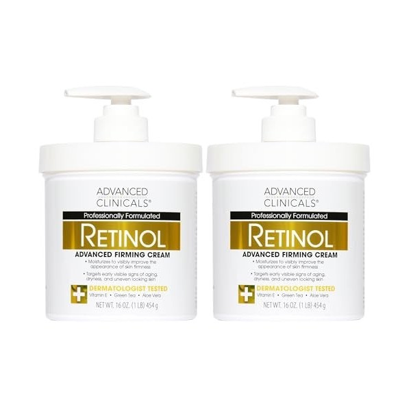 Advanced Clinicals Retinol Cream. Value Set- Two spa size 16oz bottles with pump. Best Anti-Wrinkle Cream with Retinol and An