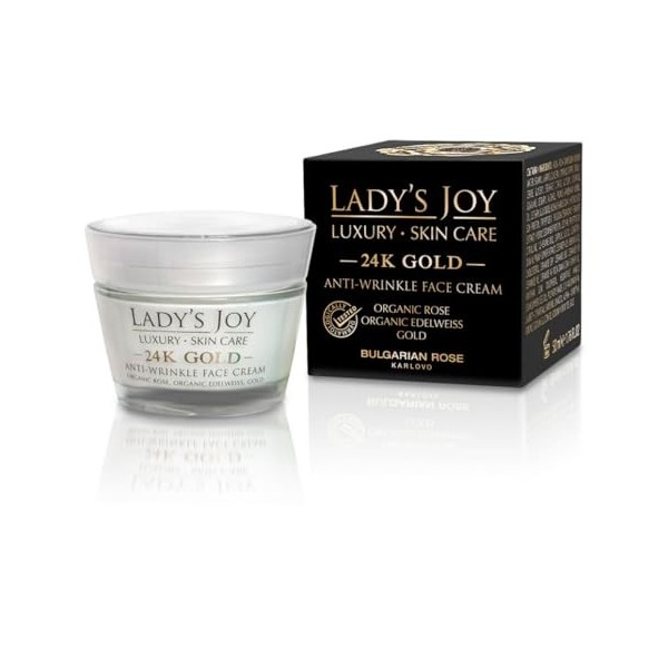 Ladys Joy Crème visage anti-rides à lor 24 carats avec huile Rose bio et or 24 carats Rose bulgare 50 ml