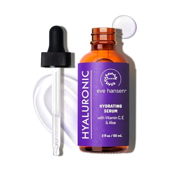 Eve Hansen Sérum à lacide hyaluronique pour hydrater le corps, le visage et les soins de la peau, végétalien, 2 onces