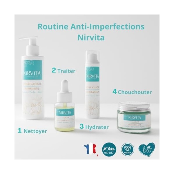Routine Nirvita - Anti Acné - Anti Rougeurs - Anti imperfections - Crème Lavante 200 ml - Sérum Anti imperfections 30 ml - So