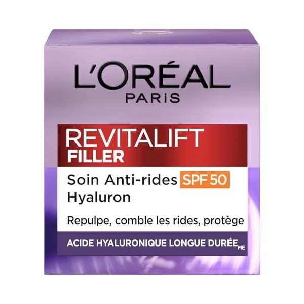 LOREAL PARIS – Soin Visage Anti-Âge Repulpant, Protection SPF 50 et Hydratation Intense 50mL - Le Lot De 2 Crème Jour et Nuit