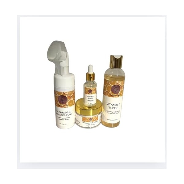 Elegance Catel Routine Visage et Corps Vitamine C, 4 Soins Essentiels, 99% Bio, Sérum, Mousse Nettoyante, Tonique et Crème po