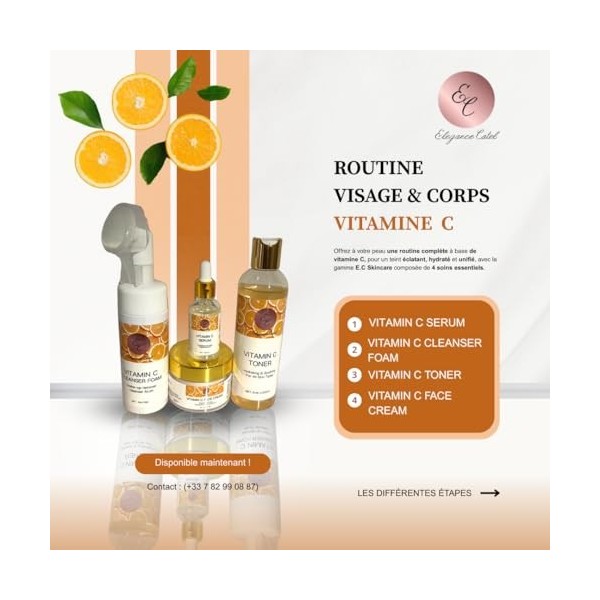 Elegance Catel Routine Visage et Corps Vitamine C, 4 Soins Essentiels, 99% Bio, Sérum, Mousse Nettoyante, Tonique et Crème po