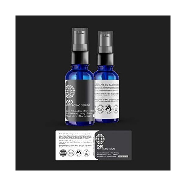 Sérum anti-âge Carbon 60 30 ml avec acide hyaluronique, cellules souches végétales, peptides, vitamines B + C et complexes an