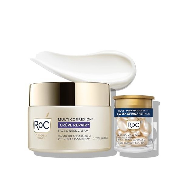 RoC Crepe Repair Hydratant anti-âge pour le visage et le cou Crème raffermissante quotidienne 48 g + Capsules lissantes RoC