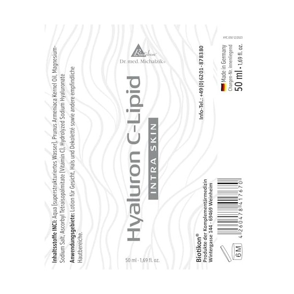 Hyaluron C-lipide daprès Dr. med. Michalzik sans additifs. BIOTIKON®