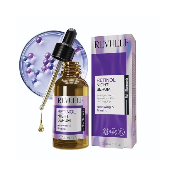 REVUELE Retinol Night Sérum Anti-âge Intensif Avec Rétinol et Acide Hyaluronique - Sérum de Nuit au Rétinol, Régénérant, Amél